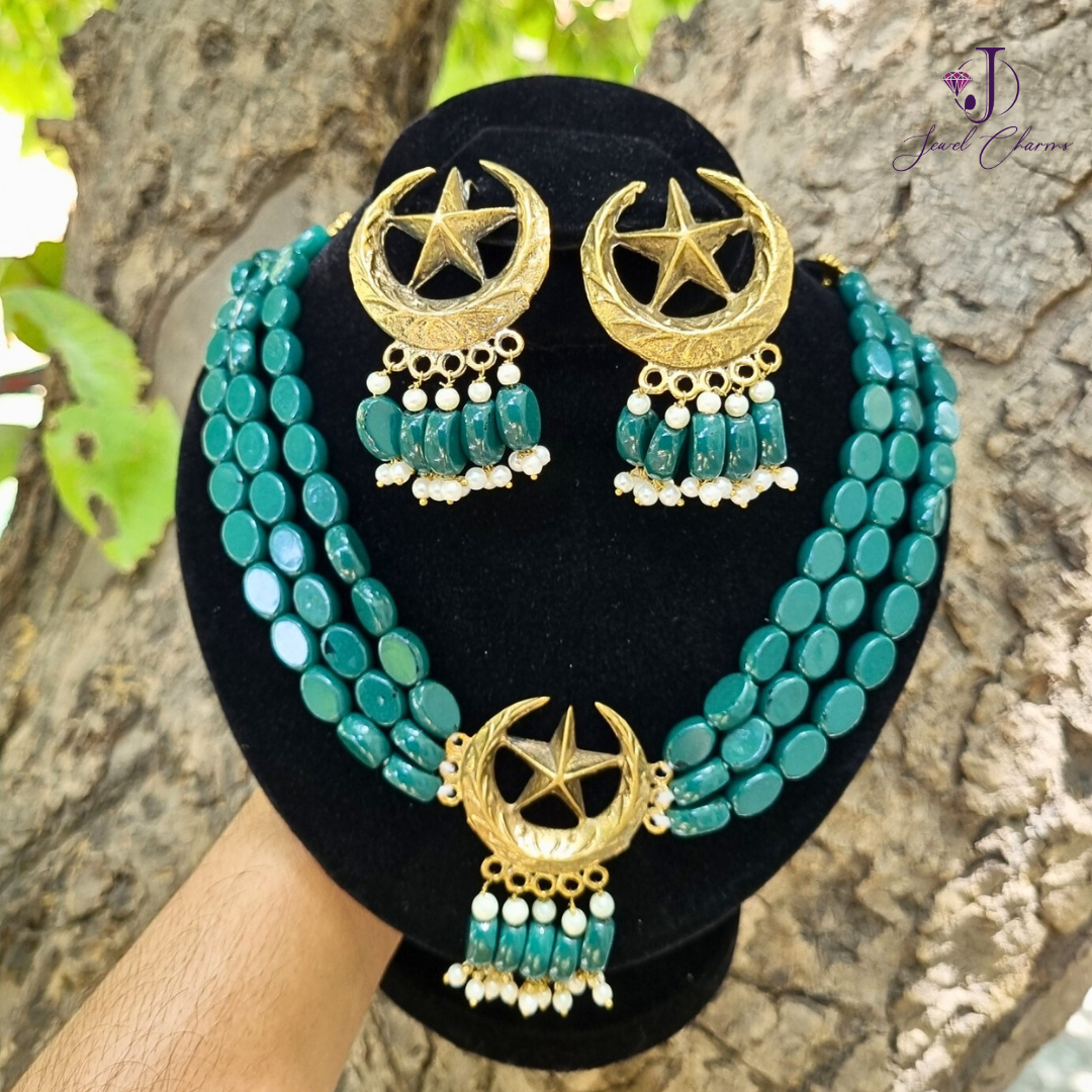 Antique Teal Chand Sitara Set with Ring