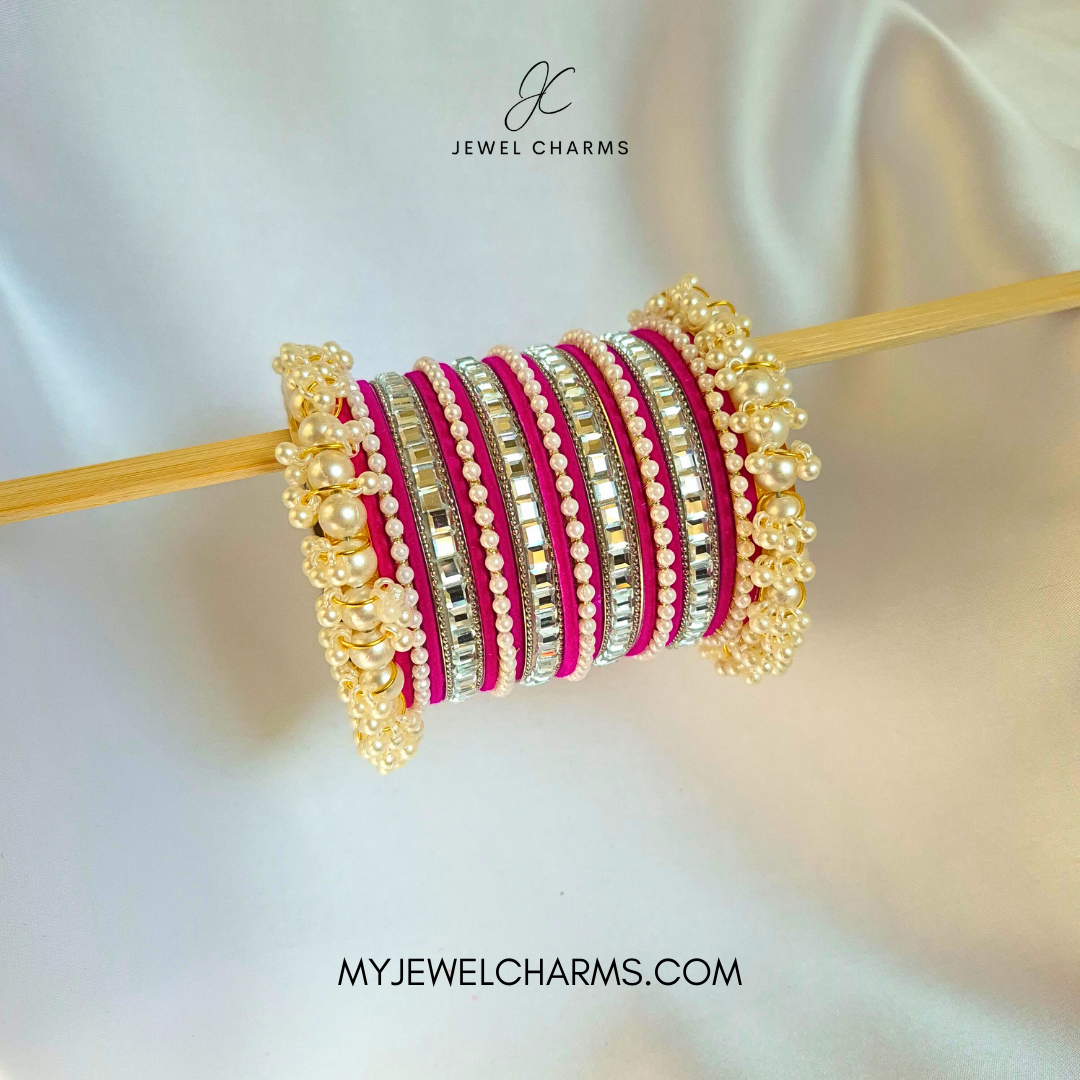 Shocking Pink Tetra Silver Karra Bangles Set