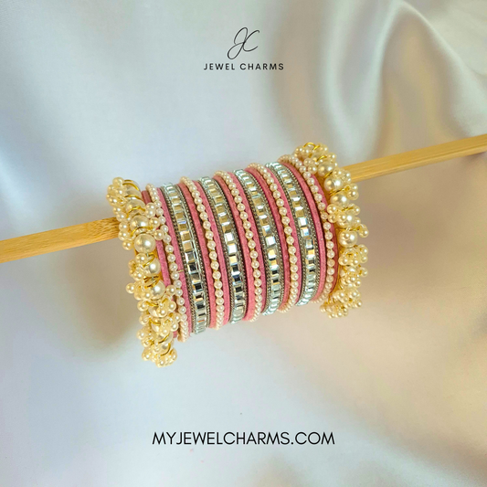 Baby Pink Tetra Silver Karra Bangles Set