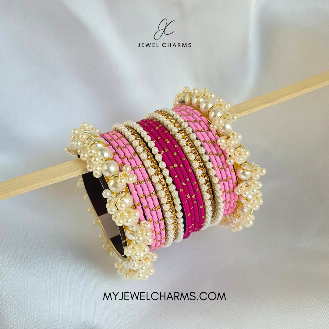 Double Pink SIlver Karra Gajra Bangles