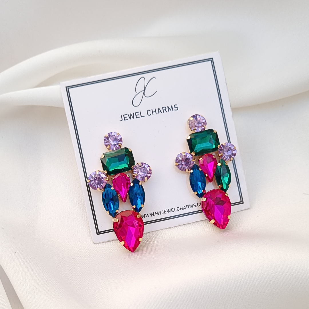 Multi Pink Blue Green tri gem earrings