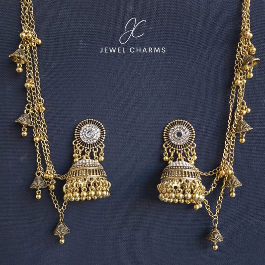 Silver Stone Antique Golden Triple Sahara Jhumkay