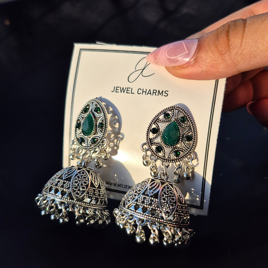 Green gem silver jhumka