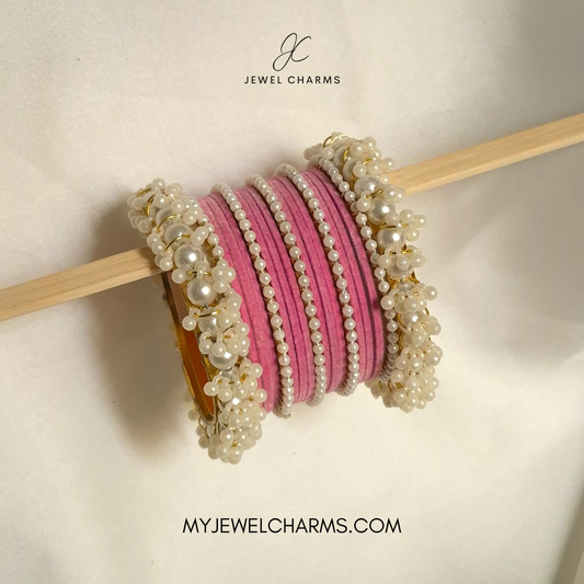 Pink Velvet penta pearl gajra bangles choorian set