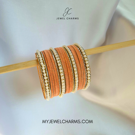 Peach Tri Pearl Karra Bangles Set