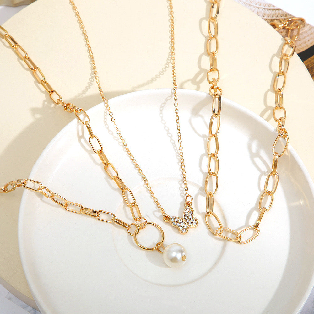 Jcec 339 3 pieces pearl & butterfly necklace