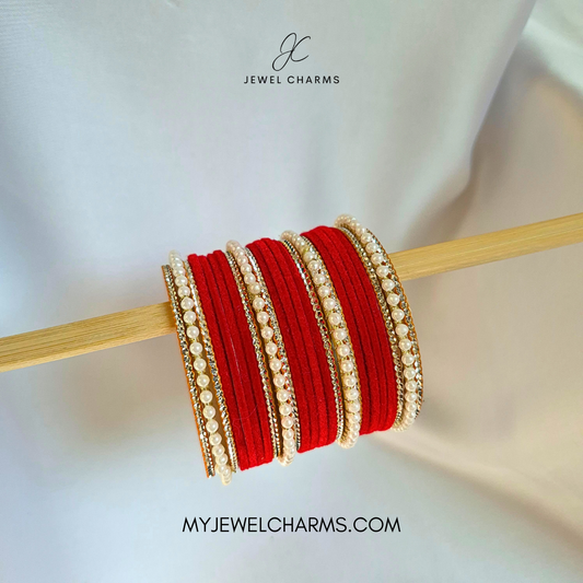 Red Tri Pearl Karra Bangles Set
