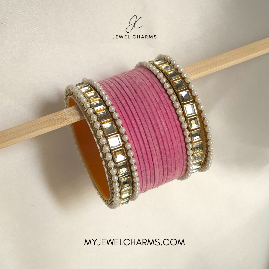 Baby Pink double square karra velvet bangles choorian set