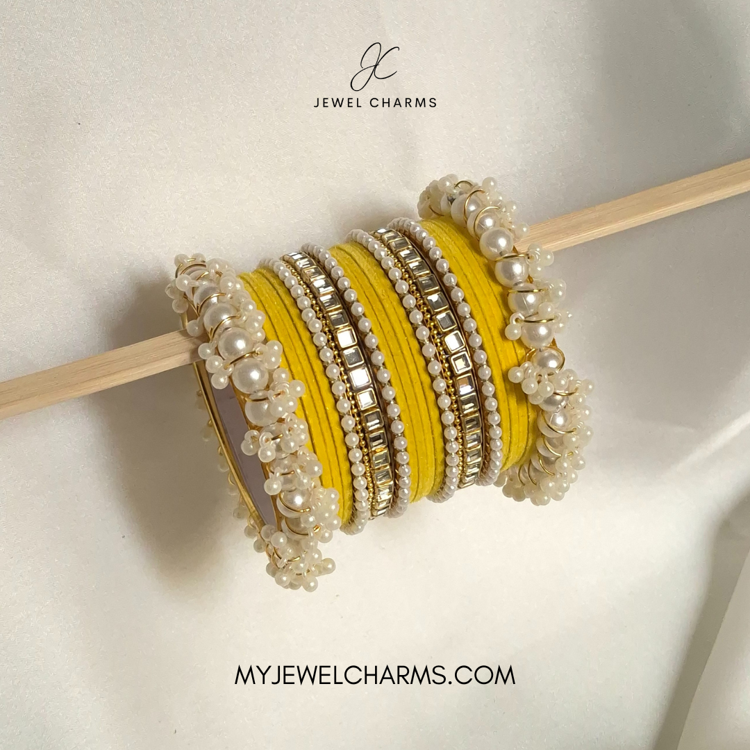 Yellow velvet Double square Karra gajra bangles choorian set