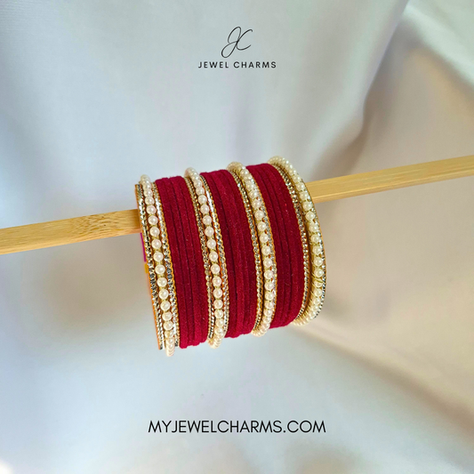Maroon Tri Pearl Karra Bangles Set
