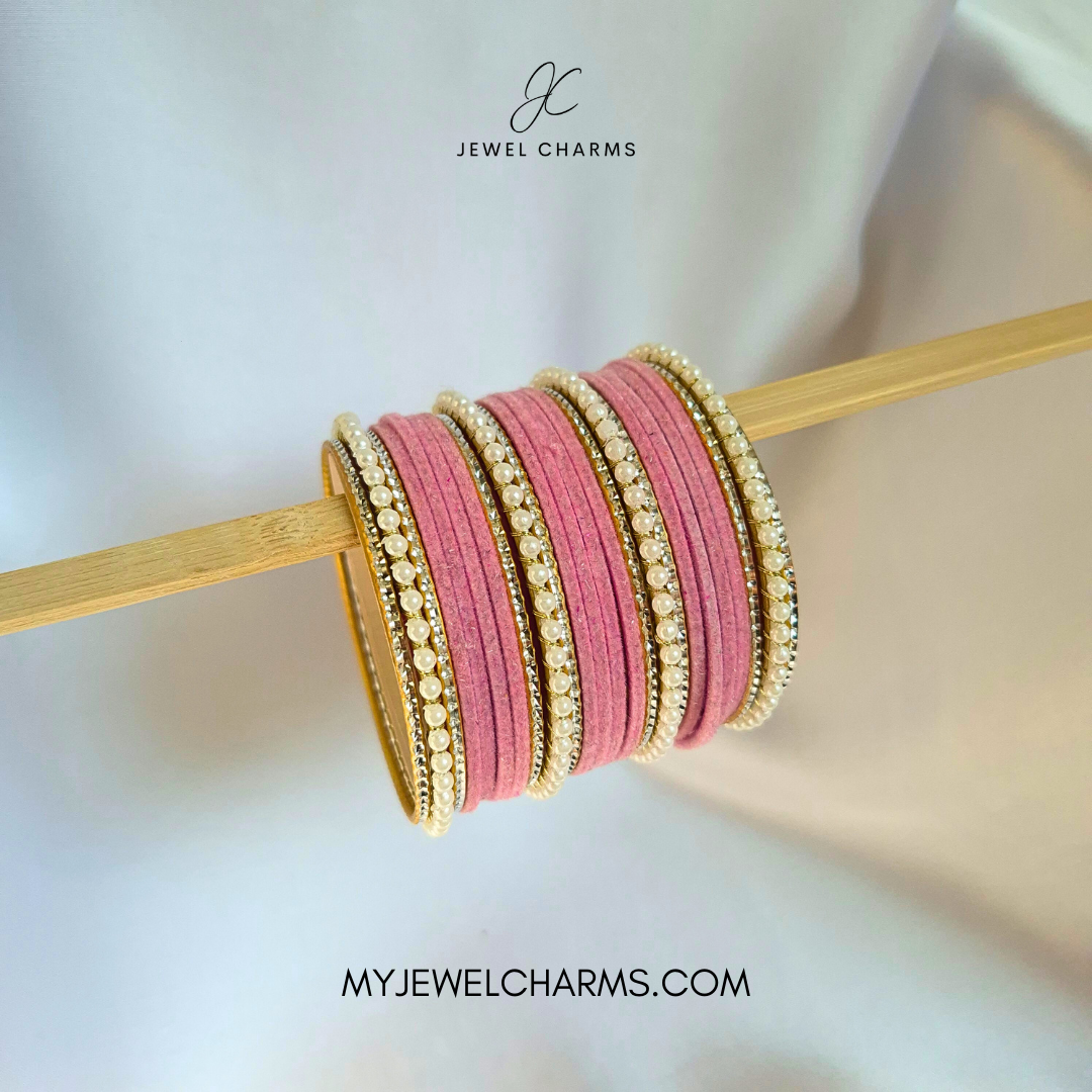 Baby Pink Tri Pearl Karra Bangles Set