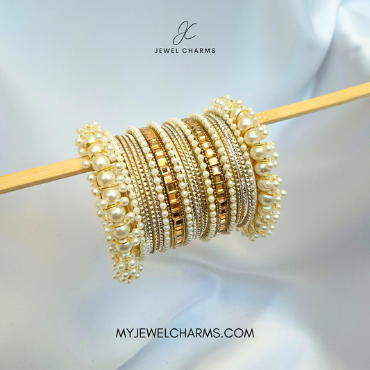 Double Champagne Karra Pearls Bangles Set