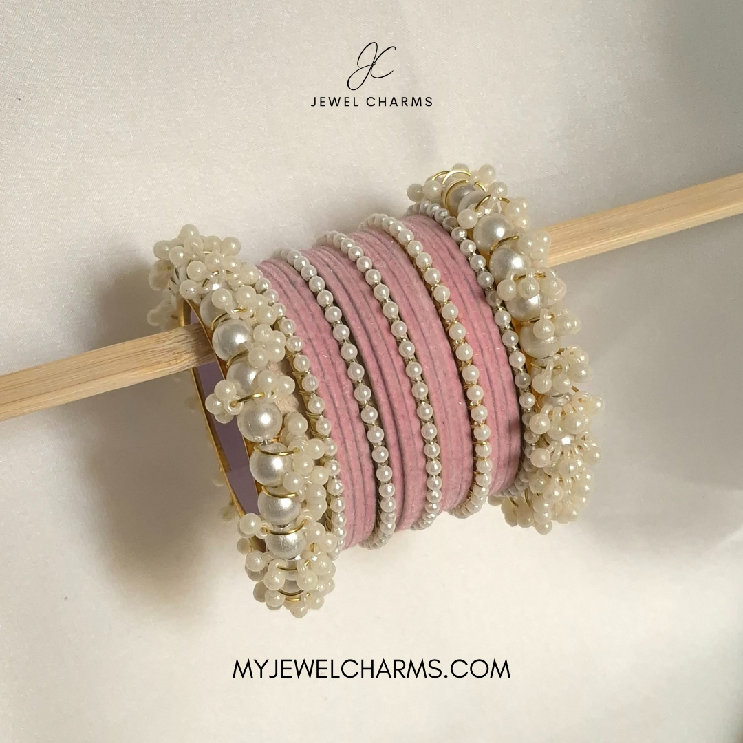 Baby Pink Velvet penta pearl gajra bangles choorian set