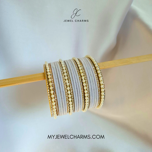 White Tri Pearl Karra Bangles Set