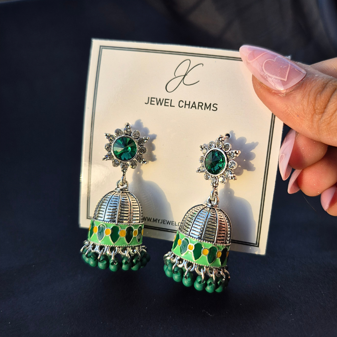 Silver green stone hand painted jhumki