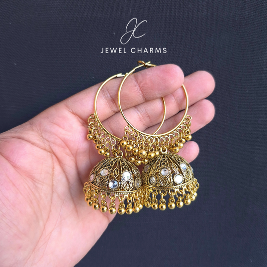 Golden Antique Sheesha GemStone Chand Baali Jhumka