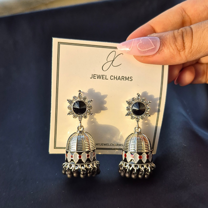 Silver black stone hand painted jhumkis