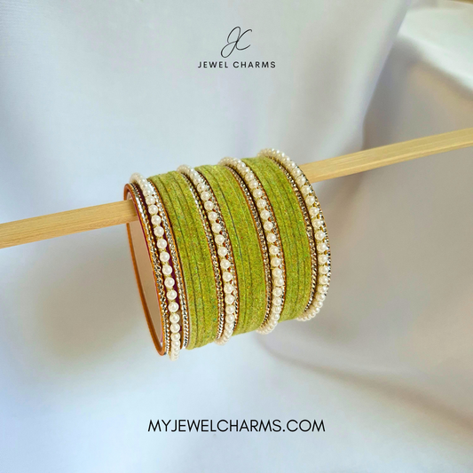 Light Green Tri Pearl Karra Bangles Set