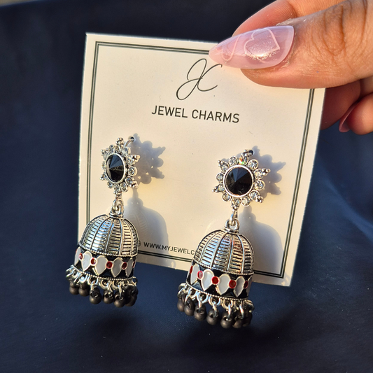 Silver black stone hand painted jhumkis