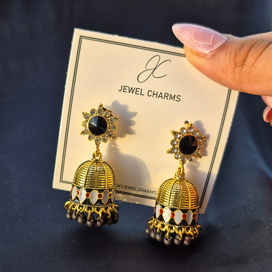 Golden black stone hand painted jhumkis