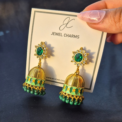 Golden green hand painted jhumkis