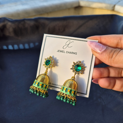 Golden green hand painted jhumkis