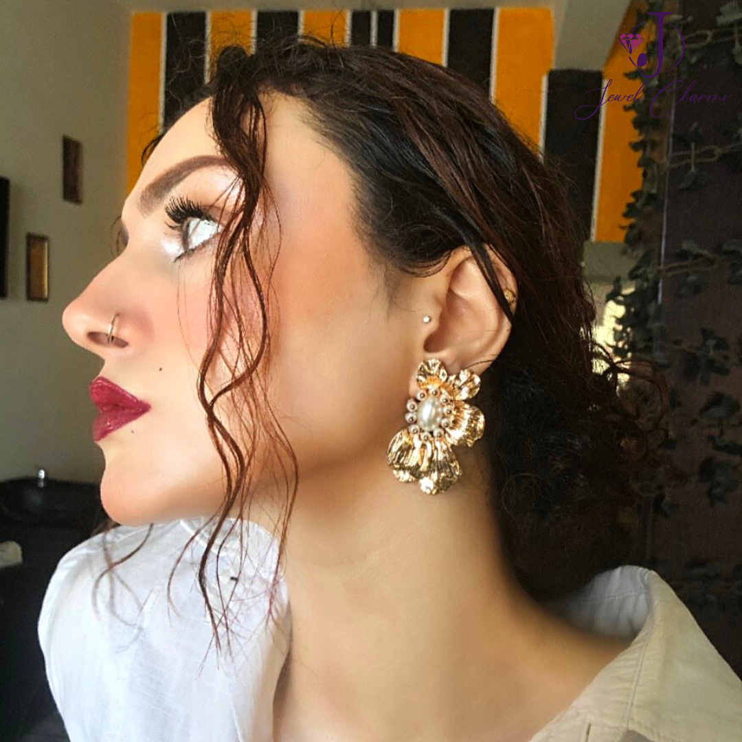 Golden Pearl Statement flower earrings