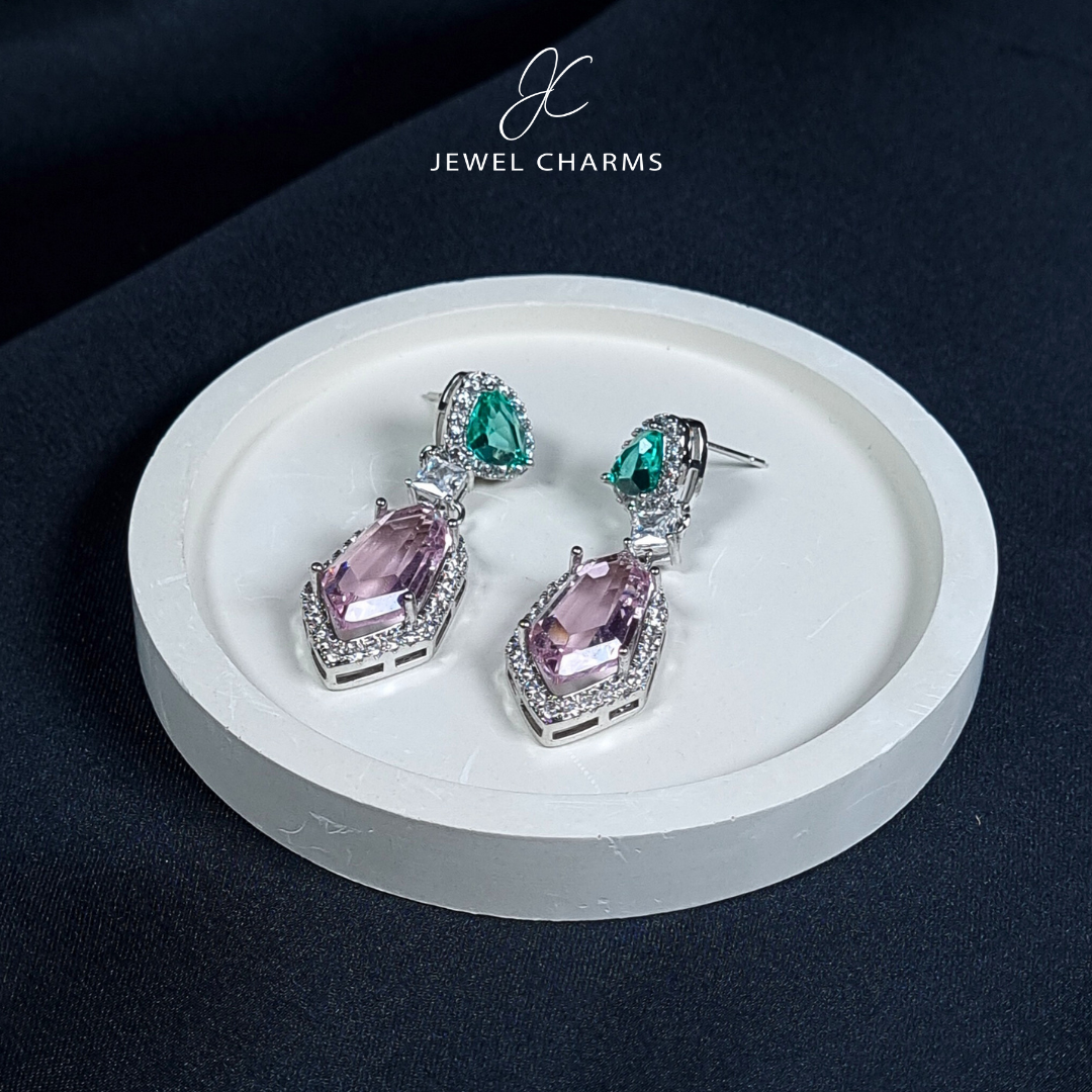 Pink Green Rhombus Zircon Cut Earrings