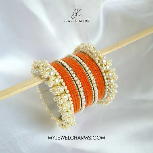 Orange Silver Karra Tetra Gajra Bangles Set