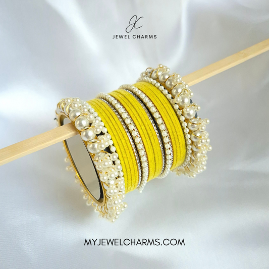 Yellow Silver Karra Tetra Gajra Bangles Set