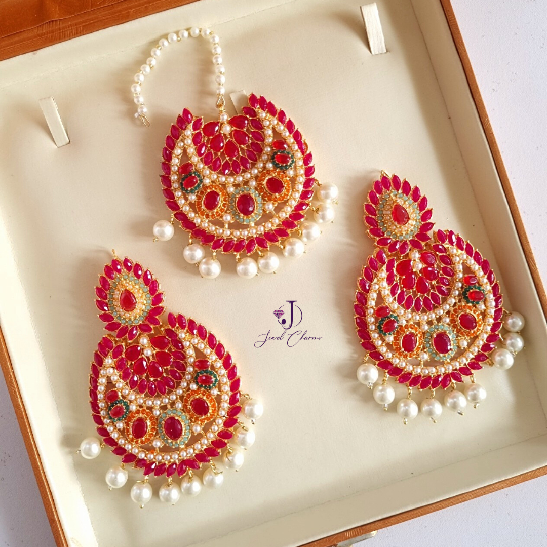 Ruby Red Deep Circles and Pearls Bindia Set with Earrings