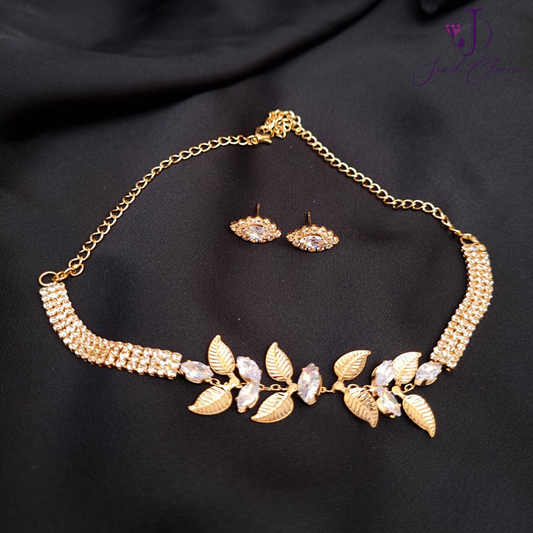 Chic Leaf Stainless Steel Crystal Choker And Earrings Set