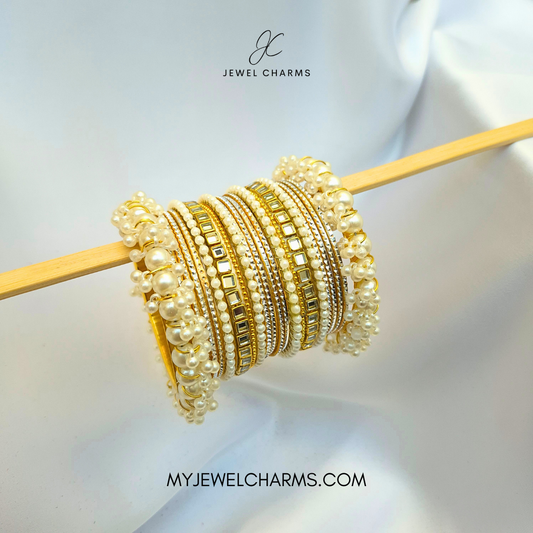 Small Square Double Karra Golden Pearl Bangles Set