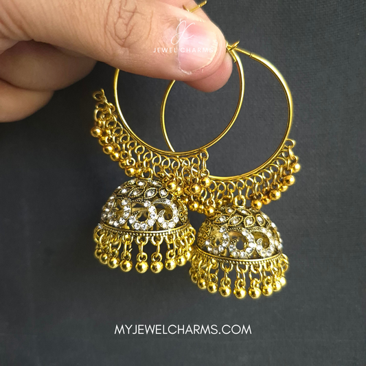 Jcec 324 Crystal Gems Antique Golden Baali Jhumka