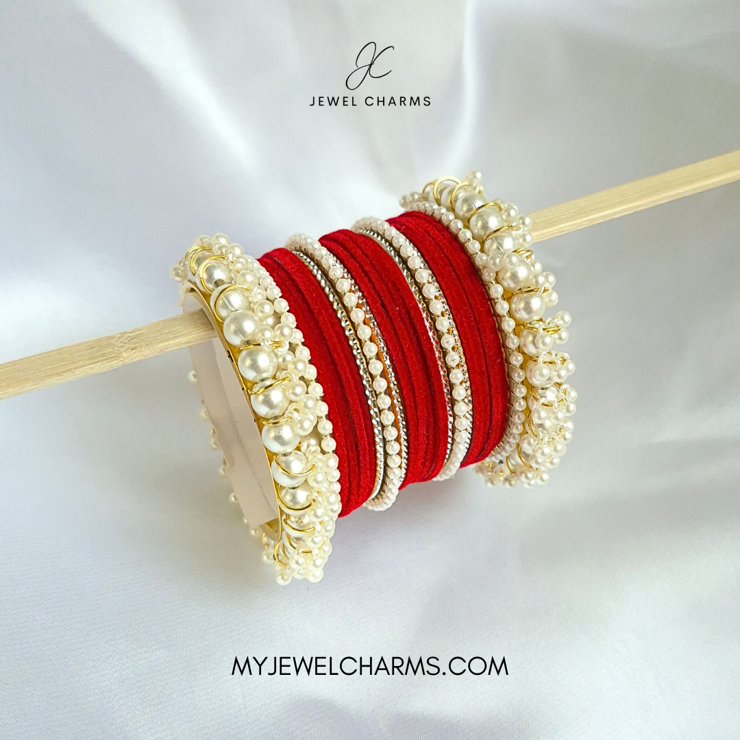 Red Silver Karra Tetra Gajra Bangles Set