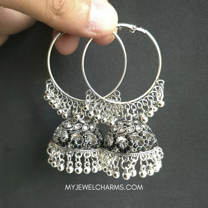 Jcec 323 Black Gems Silver Antique Baali Jhumka
