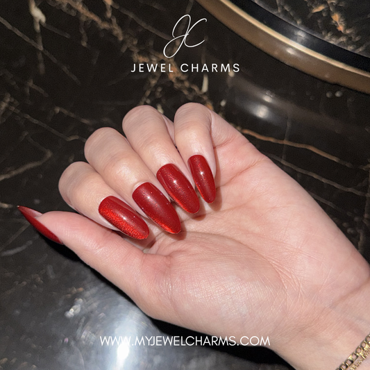 JC106 Red Almond Cat-Eye Long Length – 24 Nails Pack with Free Nail Kit