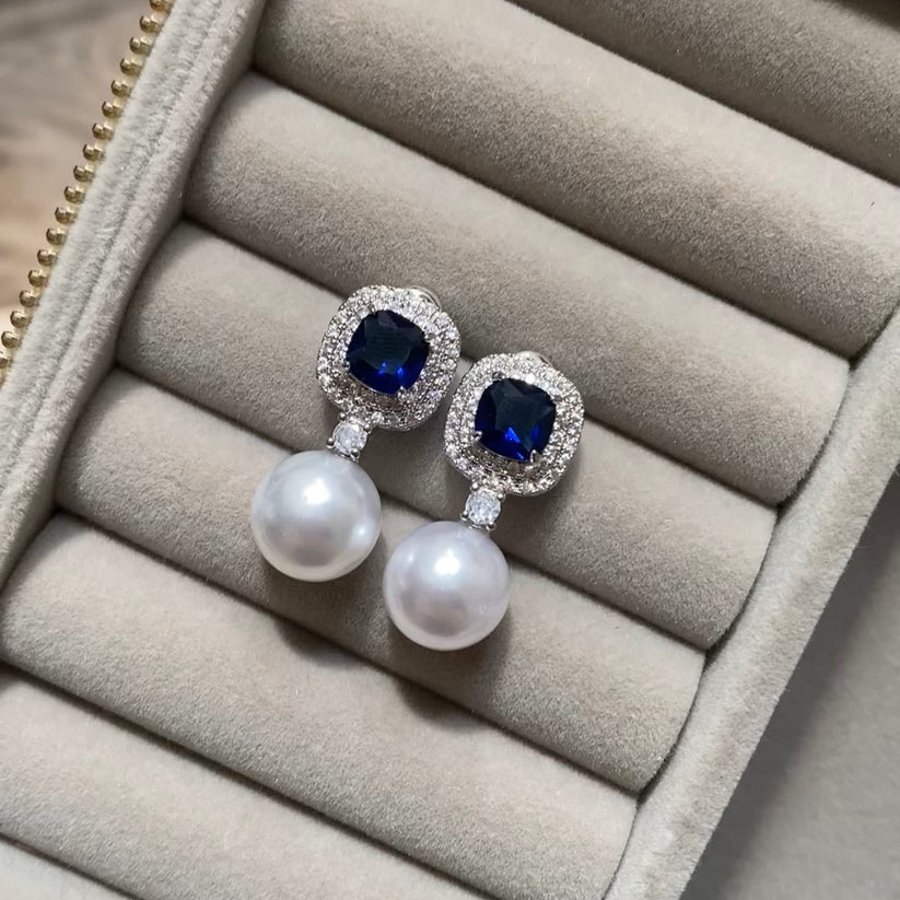 Royal Blue Square Pearl Dangle Style Zircon Earrings