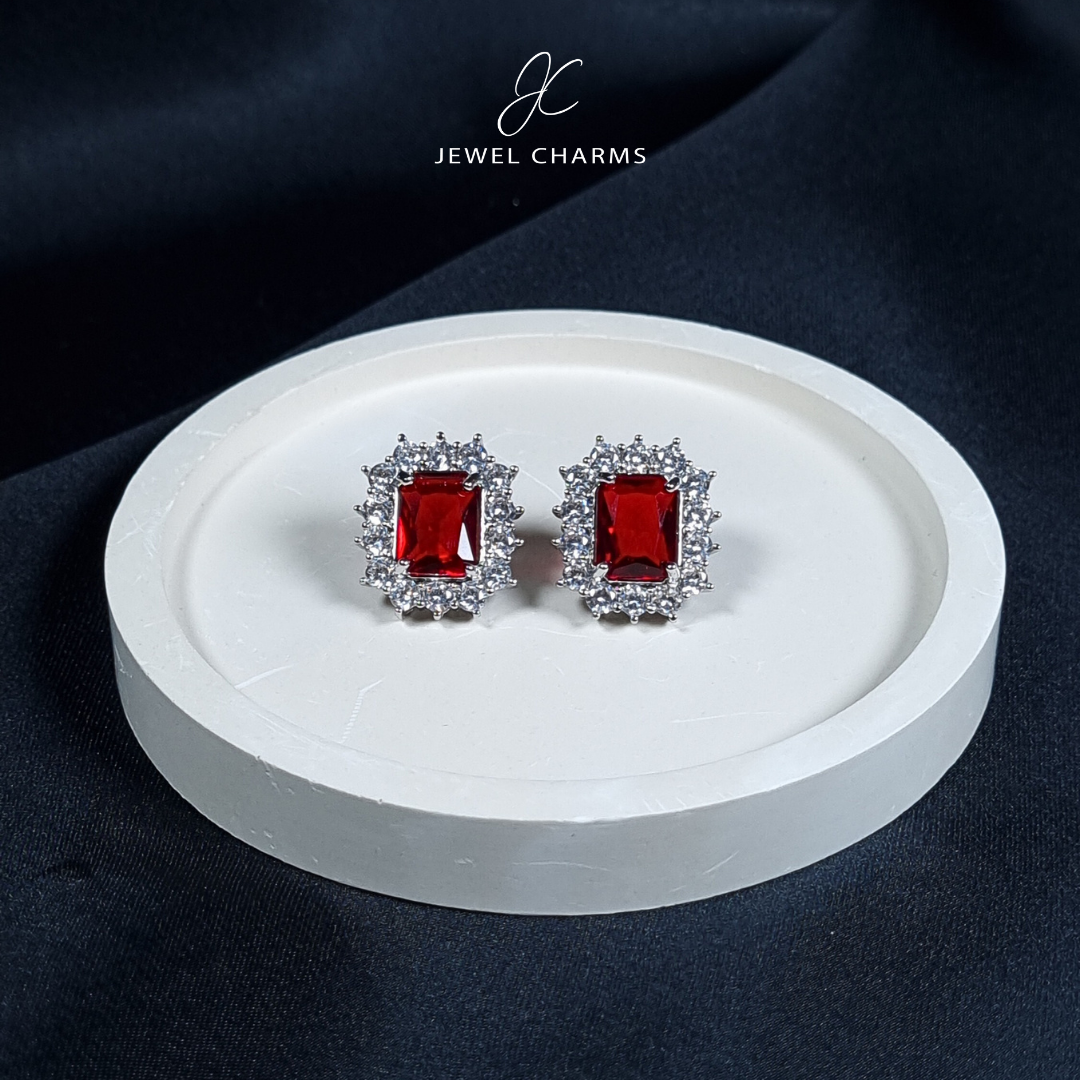 Ruby Red Square Cut Zircon Earrings