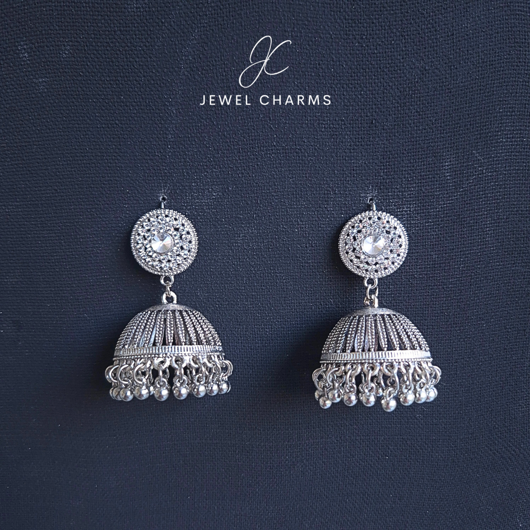 Jc 219 Silver Antique SIlver Gem Round Top Jhumkas