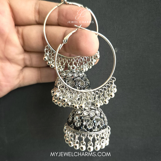 Jcec 323 Black Gems Silver Antique Baali Jhumka