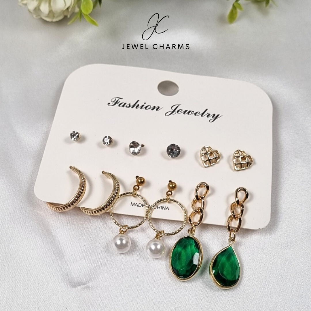 Emerald green gold base 6 pairs earrings pack