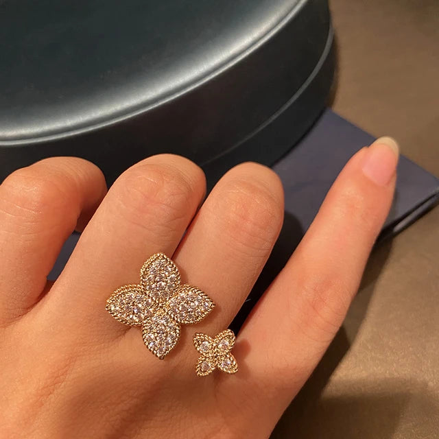 Luxury Double Golden Clover Ring Adjustable Size