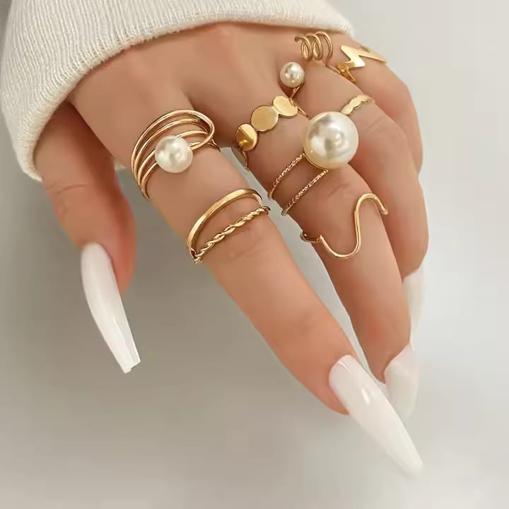 8 pieces pearl orb rings set