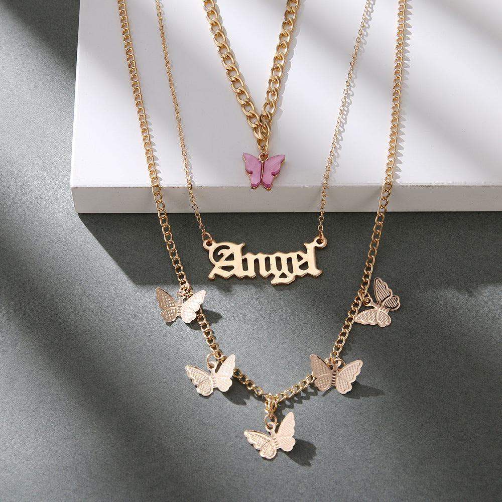 Tri layered butterfly angel necklace set