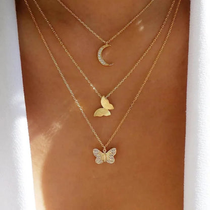 Tri layered moon butterfly duo necklace