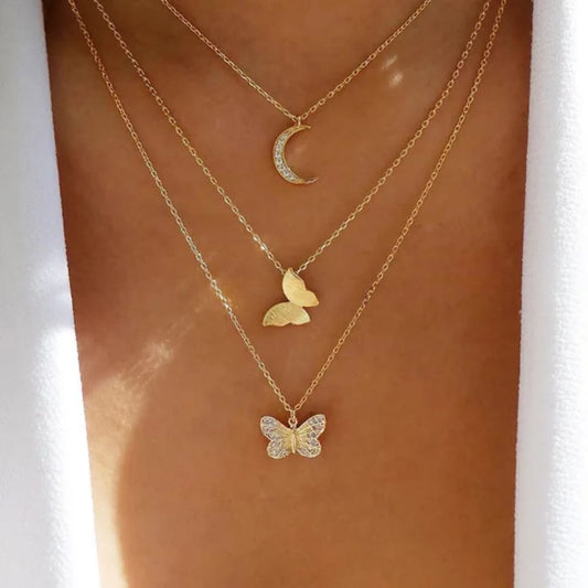 Tri layered moon butterfly duo necklace