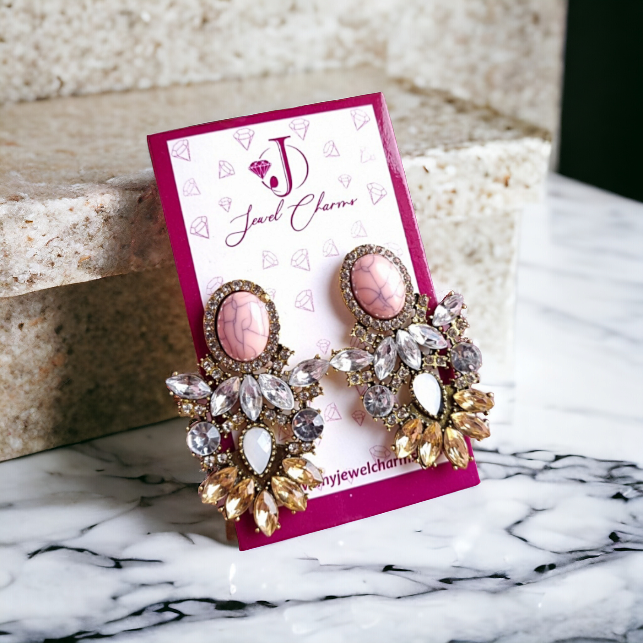 Pink Big Crystal Flower Drop Rhinestone Earrings Jewel Charms