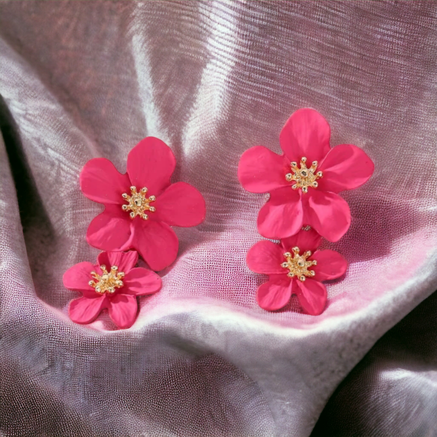 Double Metallic pink Flower Earrings