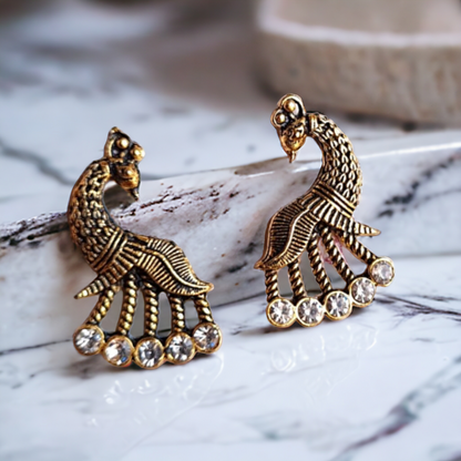 Royal Textured Peacock Earrings Small Gems Antique Golden